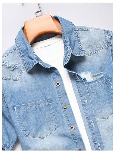 Floerns Men's Causal Ripped Button Front Dual Pocket Short Sleeve Denim Shirt Without Tee4