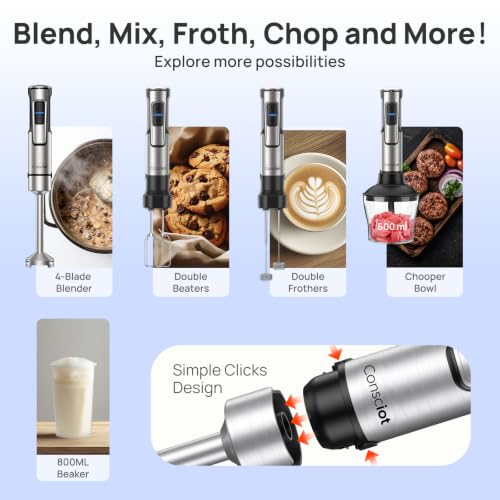 Image of Consciot 5-in-1 Immersion Blender Handheld Max 1100W, 21-Speed & Turbo Mode