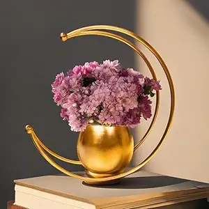 QS Overseas Metal Geometric Design Flowe Vase with Gold Finish | Table Decorative Round Shape Flower Pot Moon Flower Vase | Size: 26X26 CM | Pack of 1 | Flower Not Included