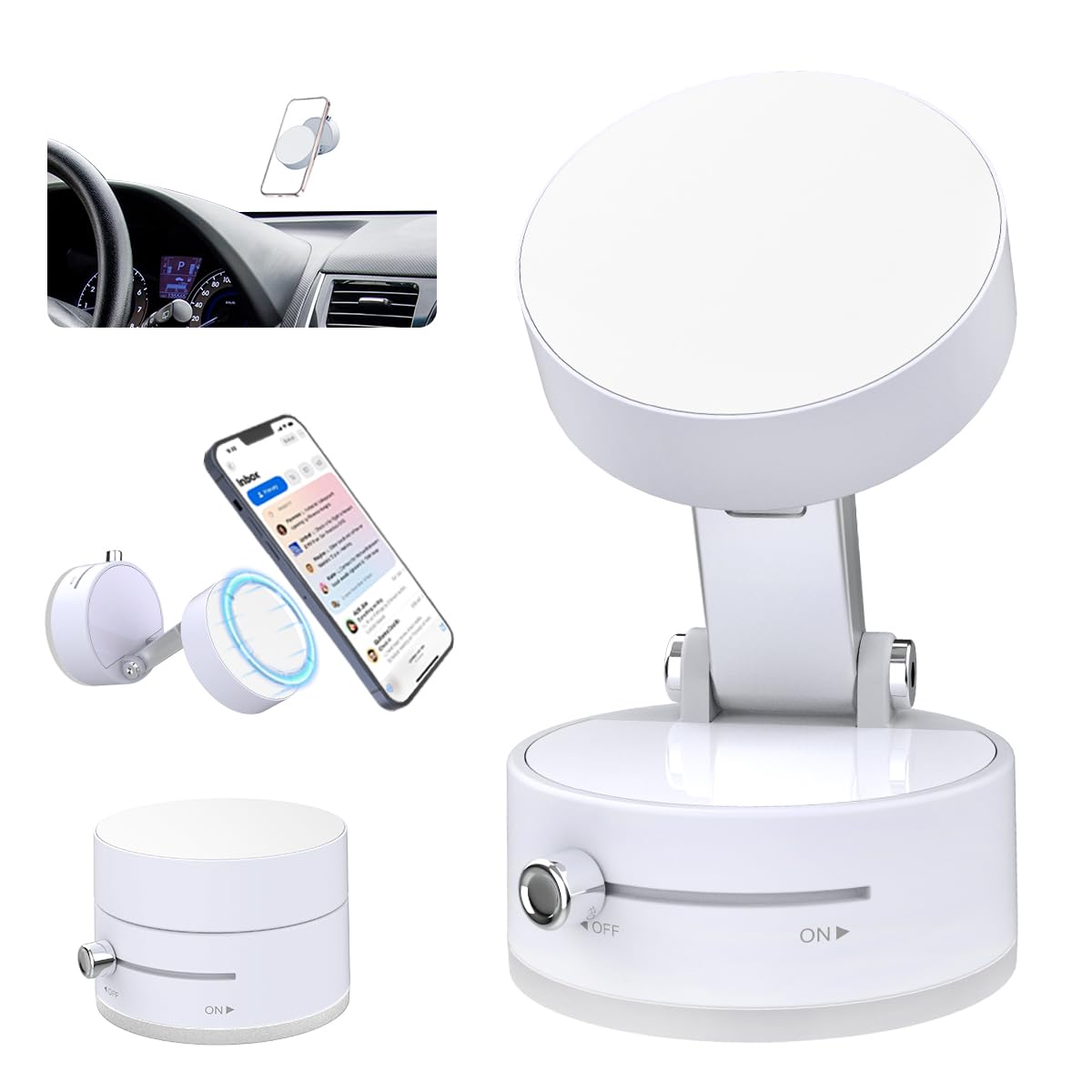 Vacuum Magnetic Phone Holder Foldable Car Mount with Windshield Suction Cup Metal Ring Compatible with iPhone 17 16