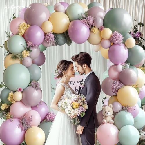 Image of Dusty Green Pink Purple Yellow Balloon arch kit,Double Stuffed Haze Purple Mauve Pink Ivory Sage Green Lilac Light Yellow Balloons Garland for Brithday Wedding Wild Flower Princess Party Decorations