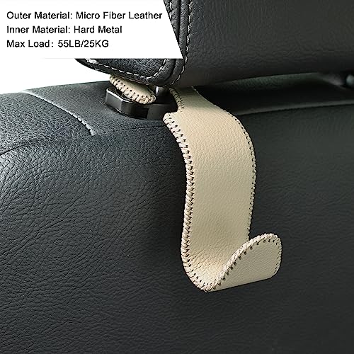 Image of Amooca Car Seat Headrest Hook 4 Pack Metal Core Hanger Universal Car Storage Organizer for Handbag Purse Coat S Type Leather Beige