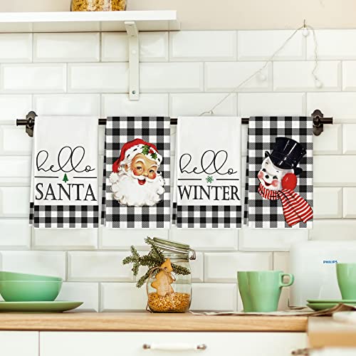 Whaline Christmas Kitchen Towel White Black Buffalo Plaids Santa Claus Snowman Dish Towel 18 X 28 Inch Xmas Winter Hand Drying Towel Tea Towel For Cooking Baking, 4 Pack #TOP5