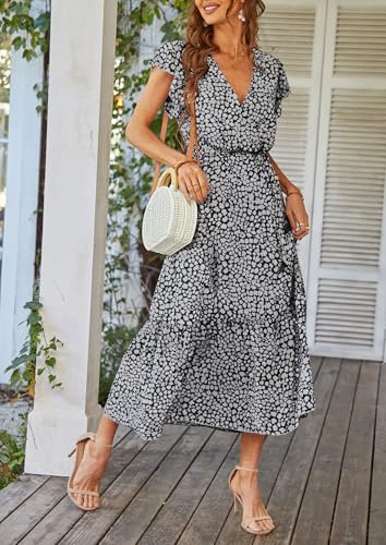 PRETTYGARDEN Women's Summer Floral Boho Maxi Dress Wrap Short Sleeve V Neck Ruffle A-Line Flowy Wedding Guest Long Dresses
