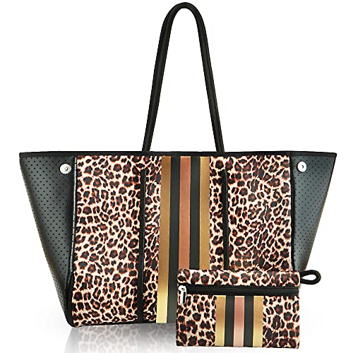 Neoprene Tote Bag, Beach Bag Waterproof Sandproof, Tote Bag for Women, Large Tote Bag with Portable Wallet for Beach, Swimming, Gym bag, Travel bag （Leopard Print）