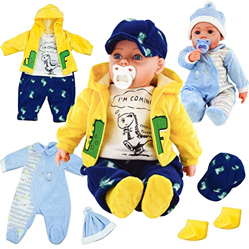 BiBi Doll Baby Boy Doll & Reborn Clothes Set, 20" (50cm), Pack of 2 Outfits Including Dinosaur Jacket & Blue Bunny Jumpsuit