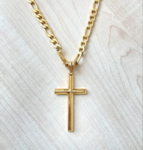Image of ADORATO JEWELRY 24K Gold Figaro Chain Style Cross Pendant Necklace 5MM Cross Necklace Clasp for MEN, HUSBAND Thin for Charms Miami Cuban Link Diamond Cut Religious Beveled Edge
