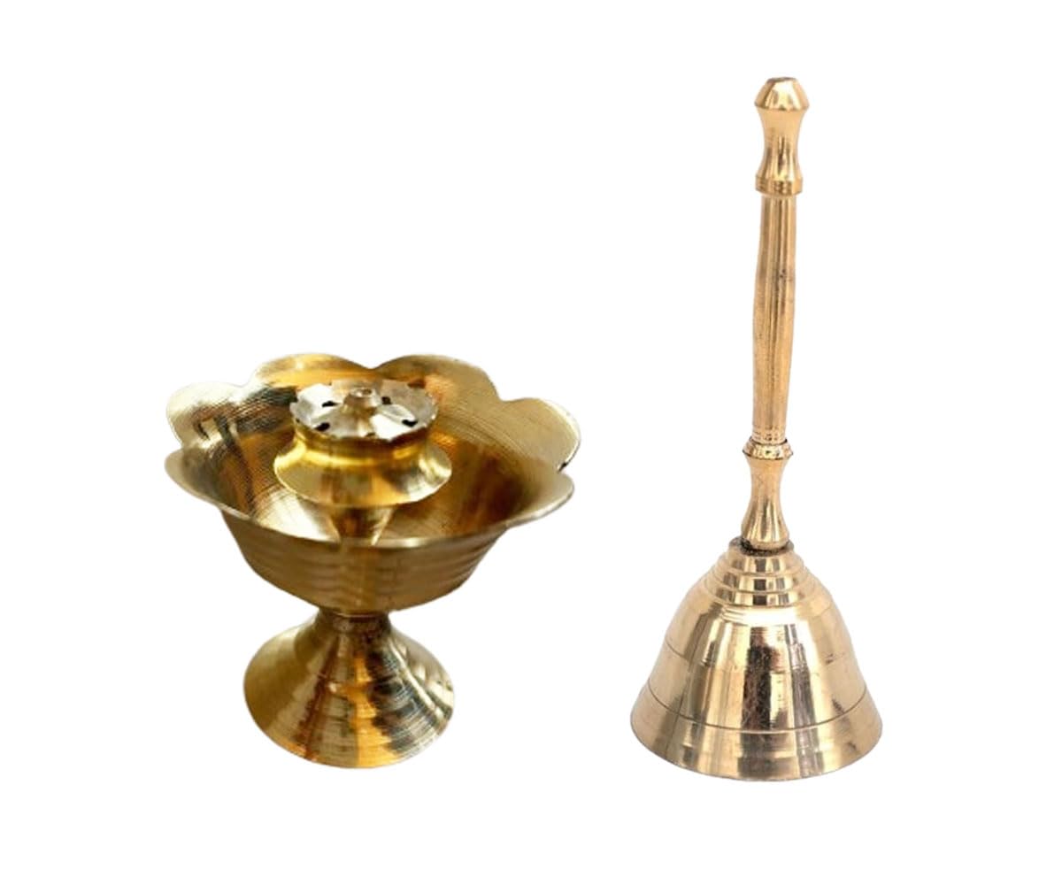 Porte-encens Pooja Bell en laiton avec cloche Ghanti et Agarbatti rose, lot de 2