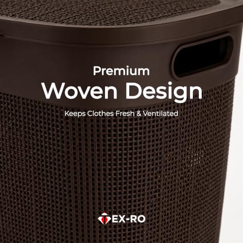 Image of TEX-RO 55L Laundry Basket with Lid, Brown Plastic Clothes Storage Basket with Handles, Large Dirty Clothes Hamper for Laundry, Bathroom & Bedroom, Multipurpose Storage Basket for Home