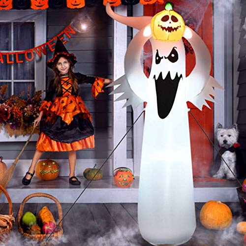 Tangkula 6 FT Halloween Inflatable Ghost with Pumpkin, Blow Up Ghost with Blower and LED Lights, Halloween Decorations Air Blown Ghost for Home Yard Lawn