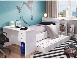 Conjunto Quarto de Solteiro Bicama com Baú e Escrivaninha 2 Gavetas Play Espresso Móveis Branco