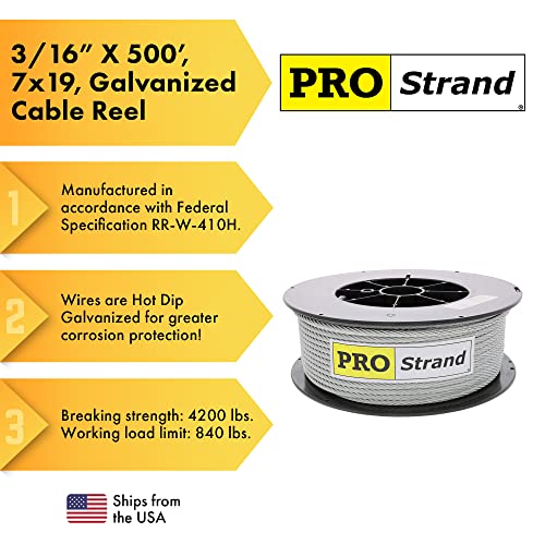 Pro Strand 3/16" X 500', 7X19, Galvanized Cable Reel #TOP4
