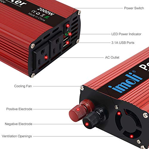 imoli 2000W Power Inverter, DC to AC 12V to 110V/120V, 4000W (Peak) Car Converter Automotive Modified Sine Wave Type with 2 Outlets and 2 USB Charging Ports