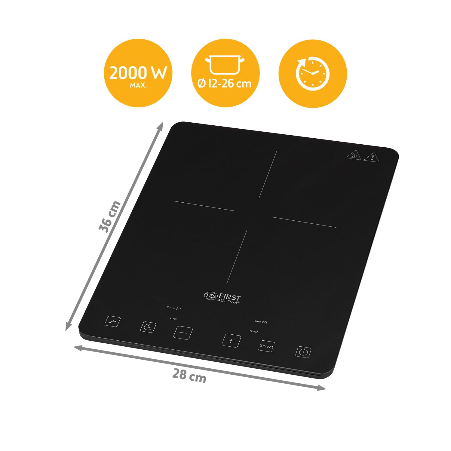 TZS First Austria Induktionskochplatte 2000W – Ultraschlankes Slim-Design & Kristallglas – Digitales Kochfeld mit Touch-Sensor, 10 Stufen & Timer – Ø 260 mm – Ideal für Camping, Garten & Büro