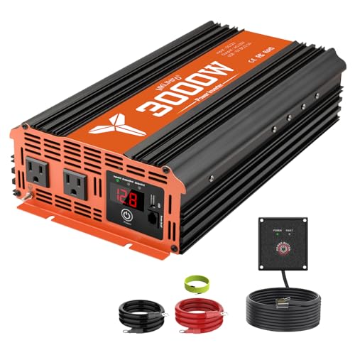 MKLIHFD 3000W Inverter 12V DC to 110V AC Converter for Home, RV, Truck, Off-Grid Solar Power Inverter with Built-in 5V/2.1A USB, AC Hardwire Port, Remote Controlle