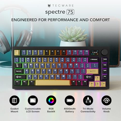Image of TECWARE Spectre 75 Mechanical Gaming Keyboard | Customizable LCD Screen Display & Knob | Tri-Mode Wireless Bluetooth 2.4GHz | Gasket Mount Hot Swappable | Ocean Gold Red Linear Switches