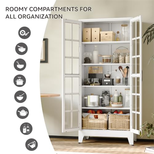 Image of COFaR 71 inch Tall Metal Storage Cabinet with Glass Doors and Shelves, White | 71-inch metal pantry cabinet with 5-tier storage, 4 adjustable shelves, square-grid glass doors, and black handles