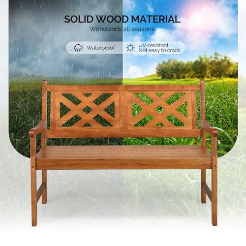 Image of VINGLI 50 inch Outdoor Wood Bench, Weatehr Resistant Wooden Garden Patio Bench with Comfortable Backrest & Curved Armrest, 800lb Capacity Loveseat for Front Porch Park Yard Deck (Natural, Geometric)