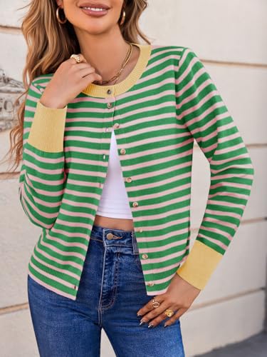 Saodimallsu Womens Striped Cardigan Sweaters Button Down Lightweight Color Block Crewneck Long Sleeve Knit Fall Cardigan2
