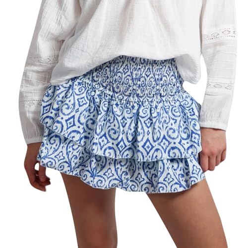 Women's Summer Smocked Mini Skirts Boho Floral High Waist A-Line Short Skirts Layered Ruffle Skirts Streetwear