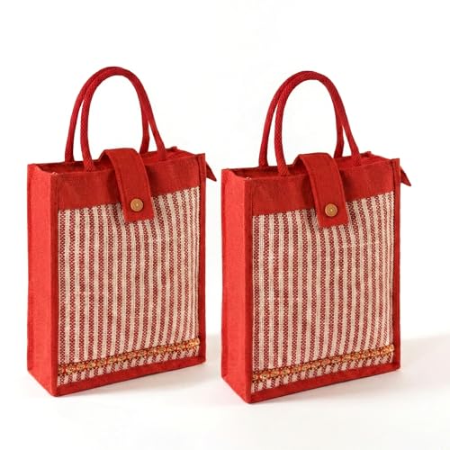 Image of Kuber Industries 2 Pcs Jute Medium Shopping Bag for Women with Handle | Multipurpose and Reusable Carry /Shopping Bag for Grocery | Lining Design - Red
