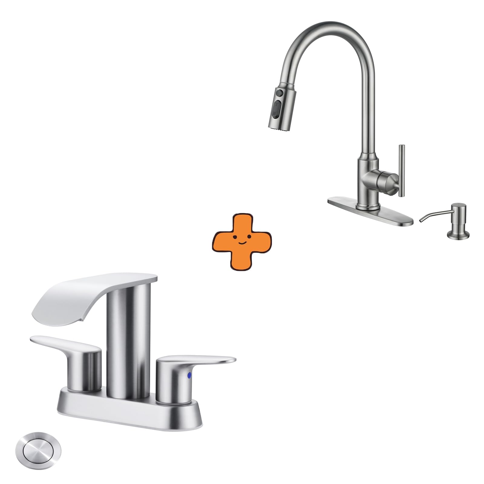 Jnfidosr Black Waterfall Bathroom Sink Faucet,Brushed Nickel Two Handles Bathroom Faucet And Kitchen Faucets With Pull Down Sprayer, Brushed Nickel Kitchen Faucet With Sprayer