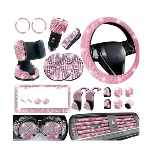 ANFTDCO 27PCS Bling Car Accessories Set for Women, 14.5-15' Crystal Rhinstone Steering Wheel Cover, License Plate Frame, USB Charger Phone Holder, Girly Auto Interior Decor Set, Universal Fit (Pink)