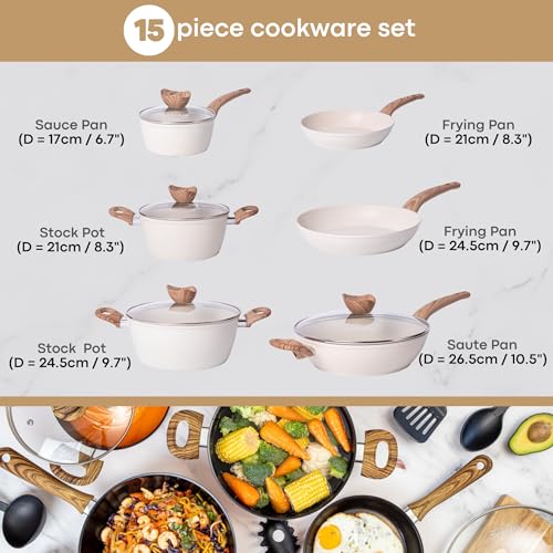 Non Stick Pots and Pans Set – Induction Hob Pots Set – 15pcs Kitchen Cookware with Lids – Cooking Cream Granite Saucepan Pots - by Nuovva - Image 4
