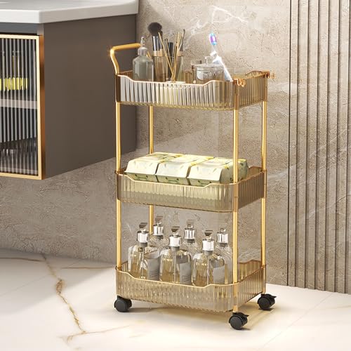 YIONEWIN Acrylic Storage Trolley Bathroom Kitchen Rolling Utility Cart Mobile Organization Shelves with Handle and Lockable Wheel(Gold 3 Tier)