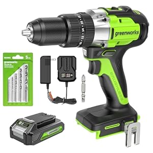 Greenworks 24V Brushless Cordless Hammer Drill/Drill Driver with Battery & Charger, 530 in-lbs Torque, 1/2” Keyless Chuck, Variable Speed Control, Included 5 pcs Drill Bits