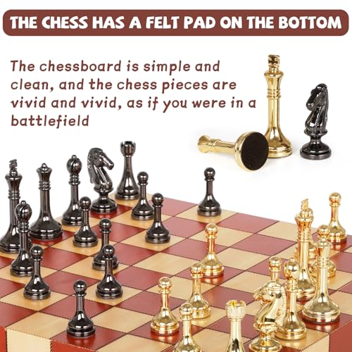 Metal Chess Set for Adults & Kids with Metal Chess Pieces –Wooden Chess Board Game with Portable Storage Case, Classic Strategy Family Board Game Gift Travel Chess Set - Image 3