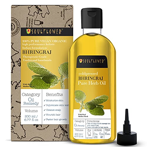 Soulflower Organic Bhringraj Hair Oil For Hair Nourishment, For Men & Women - Pure Bhringraj Herb, Coconut & Sesame Oil, 100% Natural Cold Pressed, 6.77 Fl Oz Bonus Nozzle #TOP24