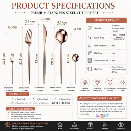 Image of Slim Handle Rose Gold 30 Pcs Stainless Steel Cutlery Set for Dining Table, Dishwasher Safe Glossy Flatware (6 Spoon Set+6 Forks Set+6 Butter Knife+6 Dessert Spoon+ 6 Fruit Fork)