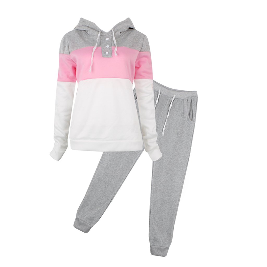 Haptian Women Casual Tracksuit Hoodie Sweatshirt Sweater Pants Sports Jogger Outfits Set(Grey-XL-1set)