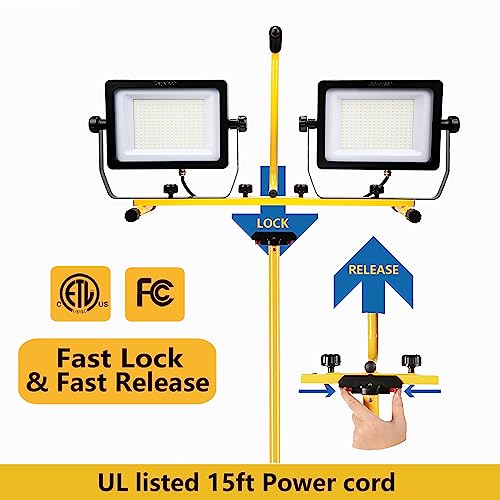 Image of 270 W 30000 Lumen Dual-Head LED Work Light with Tripod Stand, 4 Brightness Adjustable, IP 65 Waterproof 13 Ft Power Cord