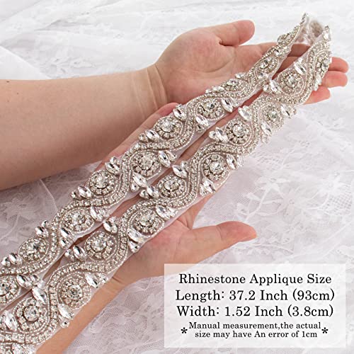 Wedding Rhinestones Pearls Applique, 1 Yard Long Silver Rhinetones Trim For Dress, Wedding Sash, Bridal Applique, Crystal Beaded Applique, Wedding Rhinestone Applique #TOP4