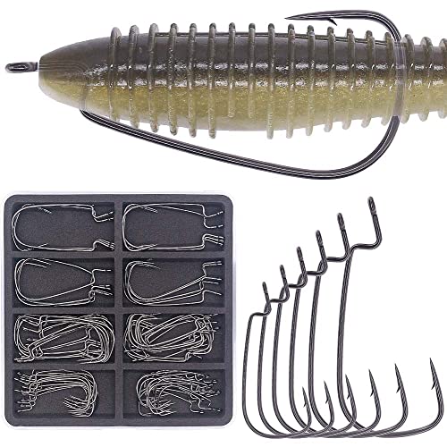 Ewg-Hooks-For-Bass-Fishing-Texas-Rig-Hooks-Offset-Extra-Wide-Gap-Plastic-Worm-Hook Set Freshwater Bass Rubber Worms Bulk Big Fish Swim Bait Lures Hook Kit 1/0 2/0 3/0 4/0 5/0 6/0 50 Pack #TOP20
