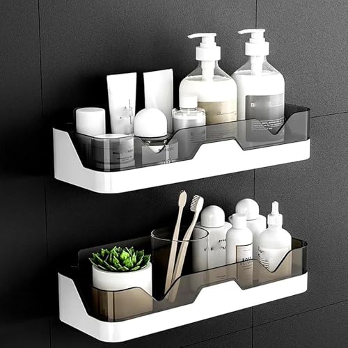 Image of MosQuick Pack of 2 Self-Adhesive Plastic Bathroom Rack Bathroom Organiser Without Drill Bathroom Shelves Wall Mounted Shelves Kitchen Shelf Storage Rack Bathroom Accessories Rack Shelf White & Black