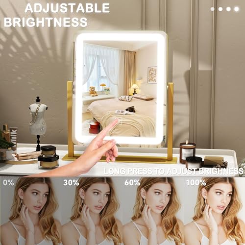 Vanity Mirror with Lights, 12.6"×15" LED Makeup Mirror, Lighted Makeup Mirror with Lights, Smart Touch Control Dimmable 3 Modes Light, Lighted Up Mirror for Makeup Desk, Gold
