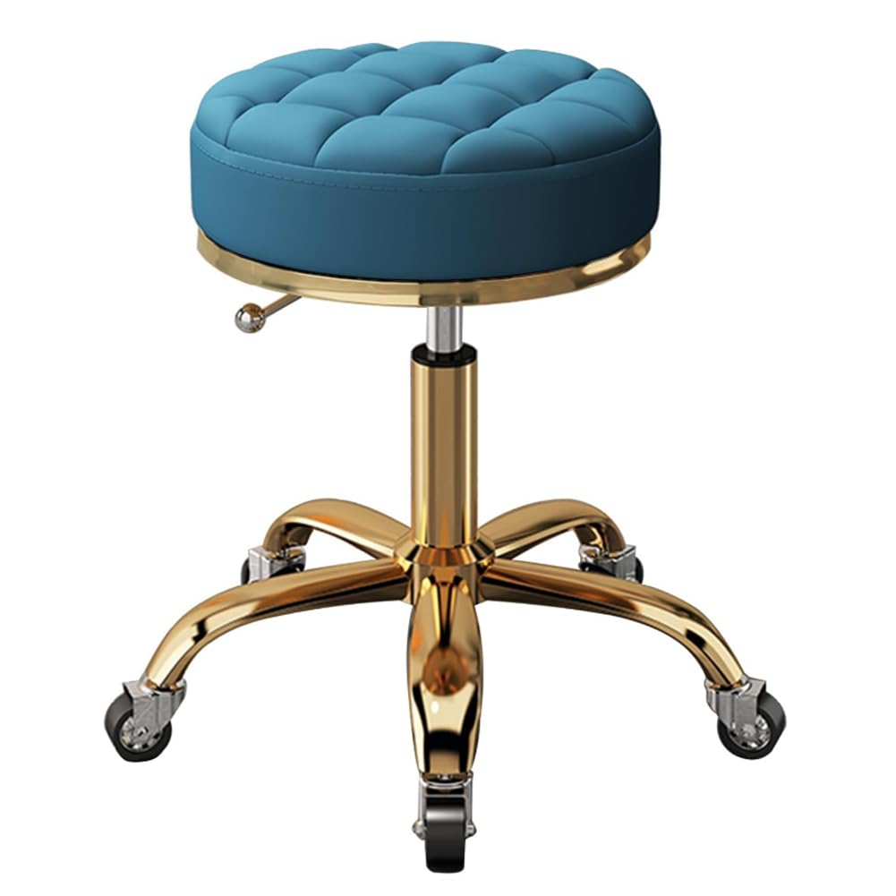 Regulowany okrągły taboret – obrotowy fotel kosmetyczny do salonów i biur, złota metalowa podstawa, konstrukcja z 5 pazurami, ergonomiczna regulacja wysokości, wygodny stołek barowy