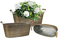 Vensovo 15 Inch Galvanized Metal Planters - 3 Pack Rustic Oval Flower Buckets with Drainage Holes, Wood Handles & Farmhouse Style for Outdoor Plants