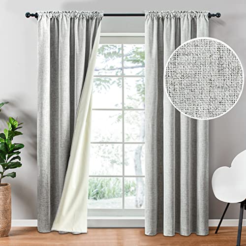 Top Finel 100% Blackout Curtains 96 Inches Long Faux Linen Thermal Insulated Drapes Rod Pocket Window Curtains For Bedroom Living Room, Light Grey, 2 Panels #TOP2