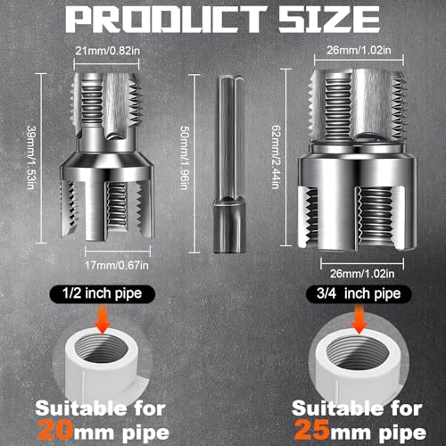 Image of 2 Pcs Pipe Thread Cutting Tool Integrated Internal & External Pipe Threading Tool Electric Drill Compatible PVC Tube Threader Kit, 1 /2 inch, 3 /4 inch, 1'' Tube Sizes Rethreading Kit(2 Sizes, Silver)