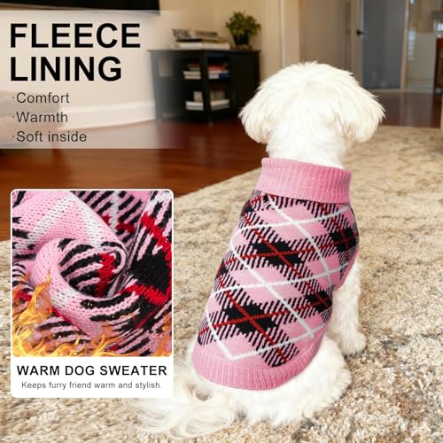 Image of BEAUTYZOO Small Dog Sweater, Plaid Knit Winter Clothes with Harness Hole | Turtleneck Pullover Fall Knitwear for Girl Boy Puppy, Fuzzy Fleece Cold Weather Coat Female Male, Warm Sweatshirt, Pink SM