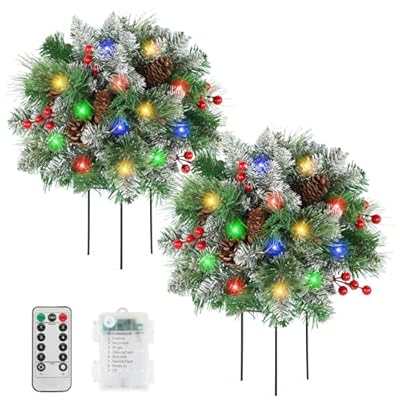 Lighted Artificial Christmas Urn Filler, 2 Pack Pre-lit Small Xmas Pine Tree Outdoor Decorations with Cones, Red Berries & 50 LED Lights, Light Up Planter Filler Decor for Porch Yard, Garden, Cemetery