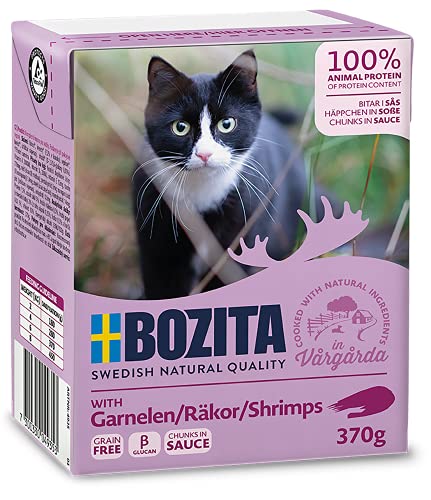 Bozita Häppchen in Soße Nassfutter mit Garnelen im Tetra Recart 16x370g – Getreidefrei – nachhaltig produziertes Katzenfutter für erwachsene Katzen – Alleinfuttermittel