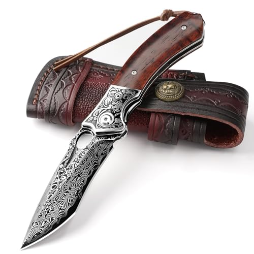 DRACHENADER Navaja Damasco, Navaja Plegable (Liner Lock) de acero damasco, Legal en Alemania, con funda de cuero, clip para bolsillo y mango de madera