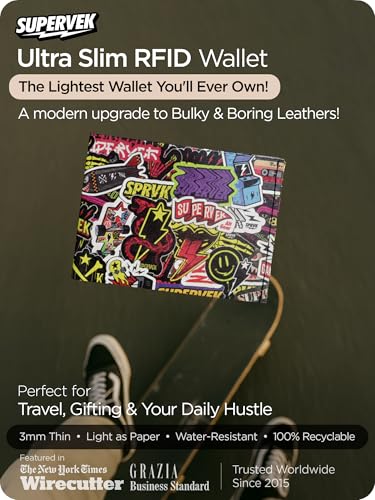 Image of Supervek Sticker Paper Slim Wallet - Hypebeast Anime Streetwear Stitched Bifold Mens Wallet - Men's Credit Card Holder Purse Wallets, Gifts for Him Boys Gents - RFID Blocking