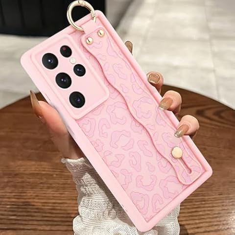 MOWIME Compatible with Samsung Galaxy S24 Ultra Case with Wrist Strap, Cheetah Print Shockproof Soft TPU Protective for Women Girls, Slim Anti Scratch Case for Galaxy S24 Ultra 6.8 Inch, Pink Cover