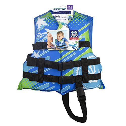 New & Improved Oceans7 US Coast Guard Approved, Child Life Jacket, Flex-Form Chest, Open-Sided Design, Type III Vest, PFD, Personal Flotation Device, Blue/White